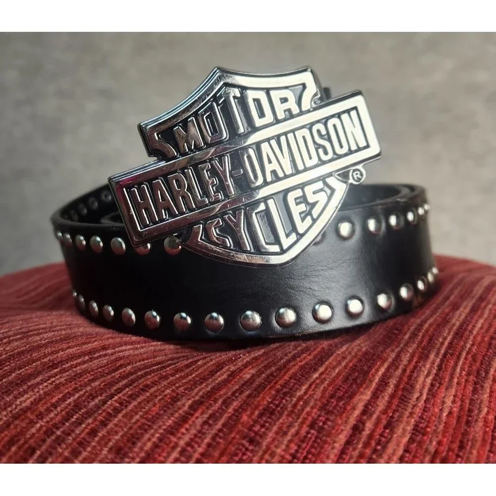 Vintage Harley Davidson Black Leather Belt Silver Logo Buckle Sz 38 2004 Biker